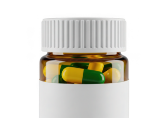 Clear medicine bottle filled with yellow and green capsules isolated on transparent background
