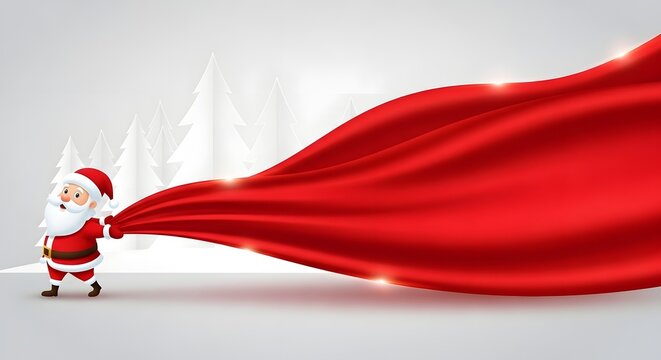 Santa Claus pulling a flowing red cloth banner across a snowy pine forest. playful winter background with ample copy space for holiday sales, greetings, and promotions.