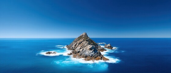 Vista Coastline Natural wonder concept. Isolated mountain in the ocean under a clear blue sky.