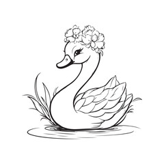 Elegant Swan with Flower Crown — Cute Line Art Illustration