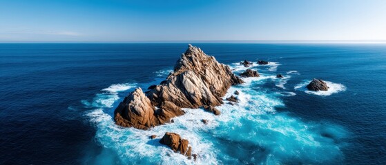 Vista Coastline Natural wonder concept. Stunning rocky island surrounded by vibrant blue ocean waves.
