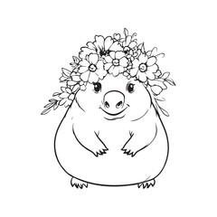 Cute Floral Crown Hamster Illustration — Kawaii Animal Line Art Clipart