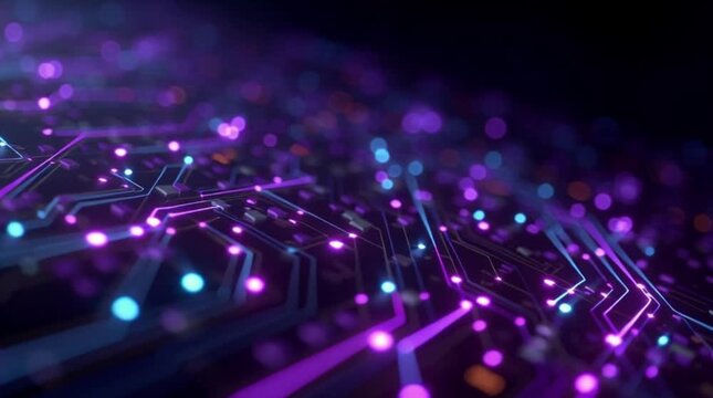 Dynamic futuristic circuit board with vibrant neon lights conveys innovation, technology, and digital connectivity for cutting edge modern designs