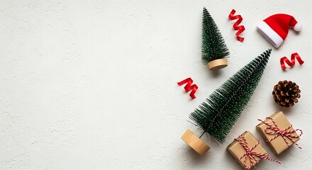 Festive Christmas flat lay with miniature trees, Santa hat, gifts, and ribbons on a white background, perfect for holiday greetings.