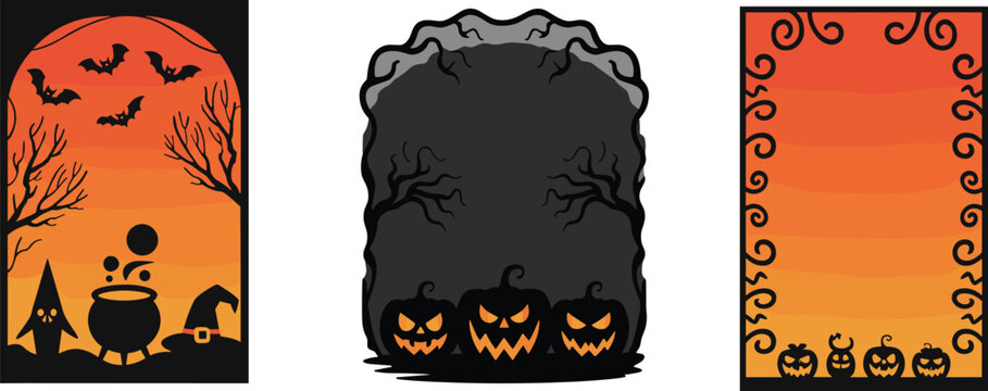 Halloween background vector illustration with pumpkins, bats, witch hat, cauldron, and spooky trees, festive orange design for party invitations and seasonal decoration