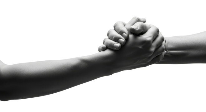 A monochrome image of two hands interlocked in a gesture of connection, support, and partnership against a clean white background highlighting the texture of skin.