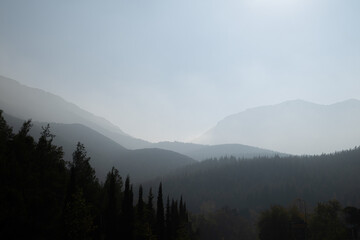 A mountain valley landscape covered in morning mist or fog, with forested slopes visible in layers. The peaceful layers of nature.