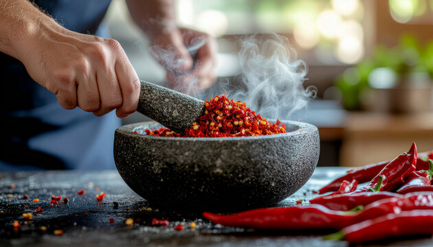 A person grinds red chili peppers in a stone mortar, preparing spices for cooking.