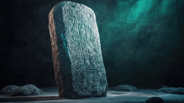 Viking runestone fragment, weathered granite, inscribed with runes that shimmer with captured aurora borealis light