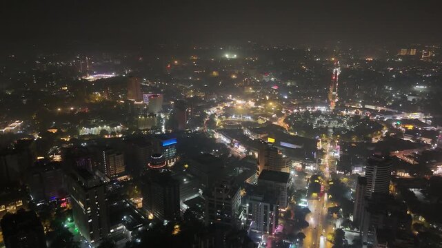 Aerial night drone shot of Connaught Place, New Delhi India