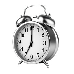 Classic Silver Twin Bell Alarm Clock With Round White Face And Black Numerals Showing Seven Oclock Isolated On Transparent Background