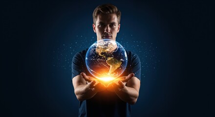 Global Vision: A visionary individual cradles the earth in his hands, symbolizing stewardship, innovation, and global interconnectedness. Embracing themes of responsibility, vision, and progress.