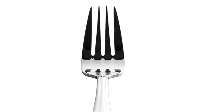 Silver Metal Fork With Four Prongs And Shiny Surface Isolated On Black Background For Food Preparation And Dining Utensils