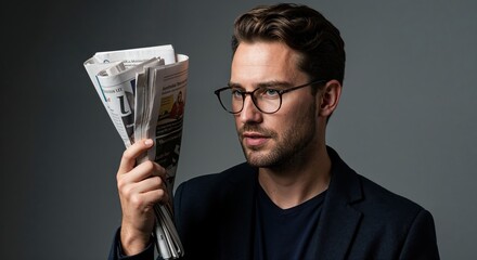 Analytical Journalist: A focused, professional, and intelligent individual peruses a newspaper, engrossed in the world of current events, wearing spectacles and smart casual attire.