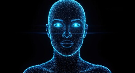 Digital Avatar's Gaze: A mesmerizing digital rendering of a human face emerges, glowing eyes reflecting an inner light, symbolizing the intersection of humanity and technology.