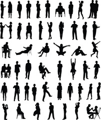 Human silhouette poses collection showing diverse body language, movement, interaction, sitting, standing, dancing, jumping, talking, expressive gestures, and dynamic activities.