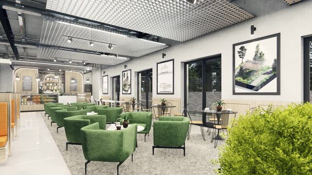 Modern Industrial Coffee Shop Interior with Green Armchairs and Orange Booths - 4K 3D Animation