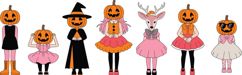 Pumpkin-Headed Characters in Halloween Costumes Vector Illustration, Whimsical Style with Unique Outfits for Spooky, Playful, and Seasonal Design Themes