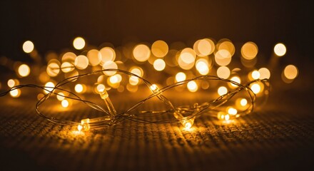 Golden Lights: A captivating close-up of twinkling golden fairy lights, each emitting a soft, warm glow that dances in the dimness. 