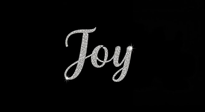 Eternal Sparkle: The single word Joy glistens with a timeless elegance on a velvety dark backdrop, capturing the essence of happiness and serenity.