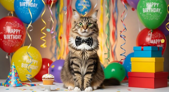 “A tabby cat sitting among colorful balloons, birthday celebration theme, bright festive background - Powered by Adobe