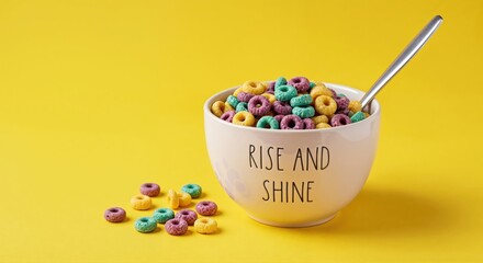 Breakfast Bowl of Colorful Cereal: a delightful close-up shot capturing a bowl overflowing with brightly colored cereal loops, complete with a spoon and playful arrangement.