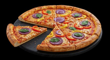 Pizza Slice Delight: A mouthwatering, freshly baked pizza, adorned with colorful vegetables and savory cheese, tantalizes with its irresistible aroma and texture.