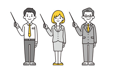 ポインターを持って説明する、複数のビジネスパーソンの全身ベクターイラスト素材セット