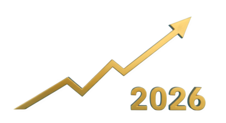 Golden upward trending graph with year 2026 isolated on transparent background
