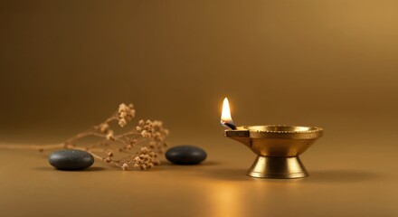 Radiant Still Life: A traditional oil lamp radiates a warm, inviting glow, accompanied by smooth stones and delicate dried flowers. A symbolic representation of peace, serenity.