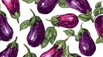 Vibrant purple eggplants with green stems and leaves create a rich textured pattern on a dark background