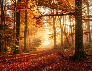 Sunlit path through a vibrant autumn forest, leaves covering ground