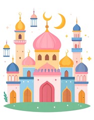 Fototapeta premium A whimsical illustration of a colorful mosque with domes, minarets, a crescent moon, lanterns, and stars. Set on green grass