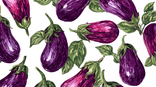 Vibrant purple eggplants with green stems and leaves create a rich textured pattern on a dark background
