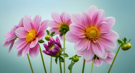 Pink Dahlia Cluster with Hovering Bee