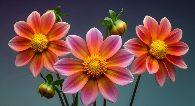 Pink Dahlia Cluster with Hovering Bee - Powered by Adobe