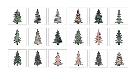 Obraz premium Collection of hand-drawn minimalist Christmas tree illustrations in various styles and colors.