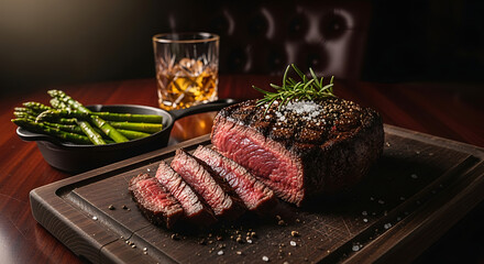 Perfectly cooked medium-rare steak with asparagus and a glass of whiskey on a dark wooden table, showcasing a gourmet dining experience.