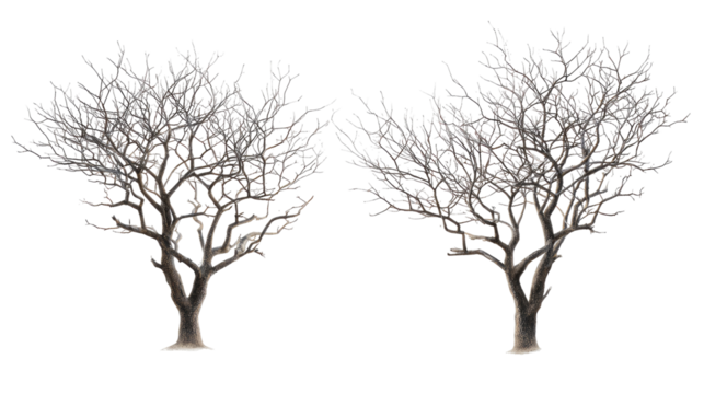 Pair of barren tree silhouettes with fine twig network on transparent background