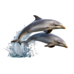 Fototapeta premium Pair of dolphins in mid-leap 45-degree top-down perspective on transparent background