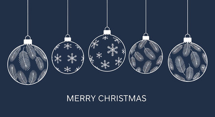 Christmas ornaments hanging against a dark blue background, with the words Merry Christmas.