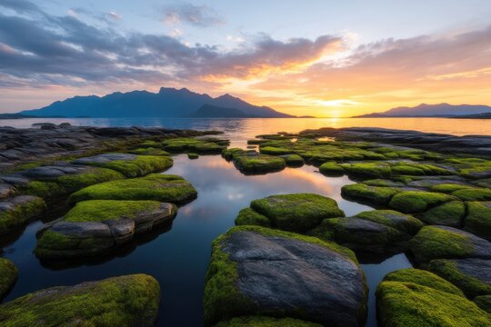 Vista Coastline Natural wonder concept. Scenic sunset over rocky shoreline reflecting calm waters. - Powered by Adobe