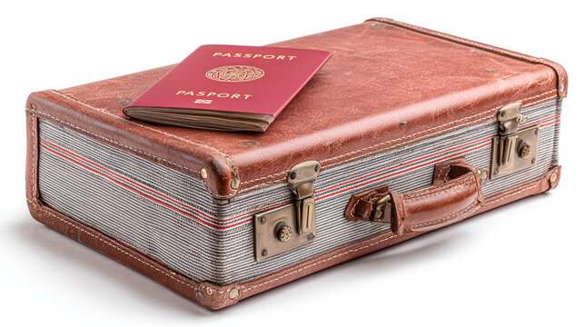 Vintage suitcase with a red passport resting on top ready for travel and adventure