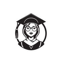 Young woman in graduation cap and gown logo design vector illustration.