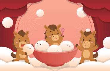 Horse character or cartoon figure or mascot with tangyuan, Chinese Lunar New Year or Lantern Festival