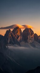 Majestic mountain range during sunset with clouds hovering over the peaks and a clear sky in the background