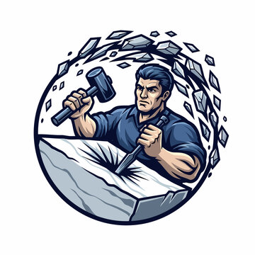Cartoon illustration man sculpting stone with hammer and chisel art