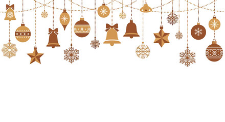 Hanging Christmas decoration border with golden baubles, bells, stars, and snowflakes on a white background.