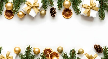 Christmas flat-lay border with fir branches, gold ornaments, pinecones, dried orange slices, and white gift boxes tied with golden bows.