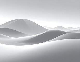 A grayscale, minimalist landscape depicts rolling, undulating forms suggesting hills and valleys under a softly diffused sky